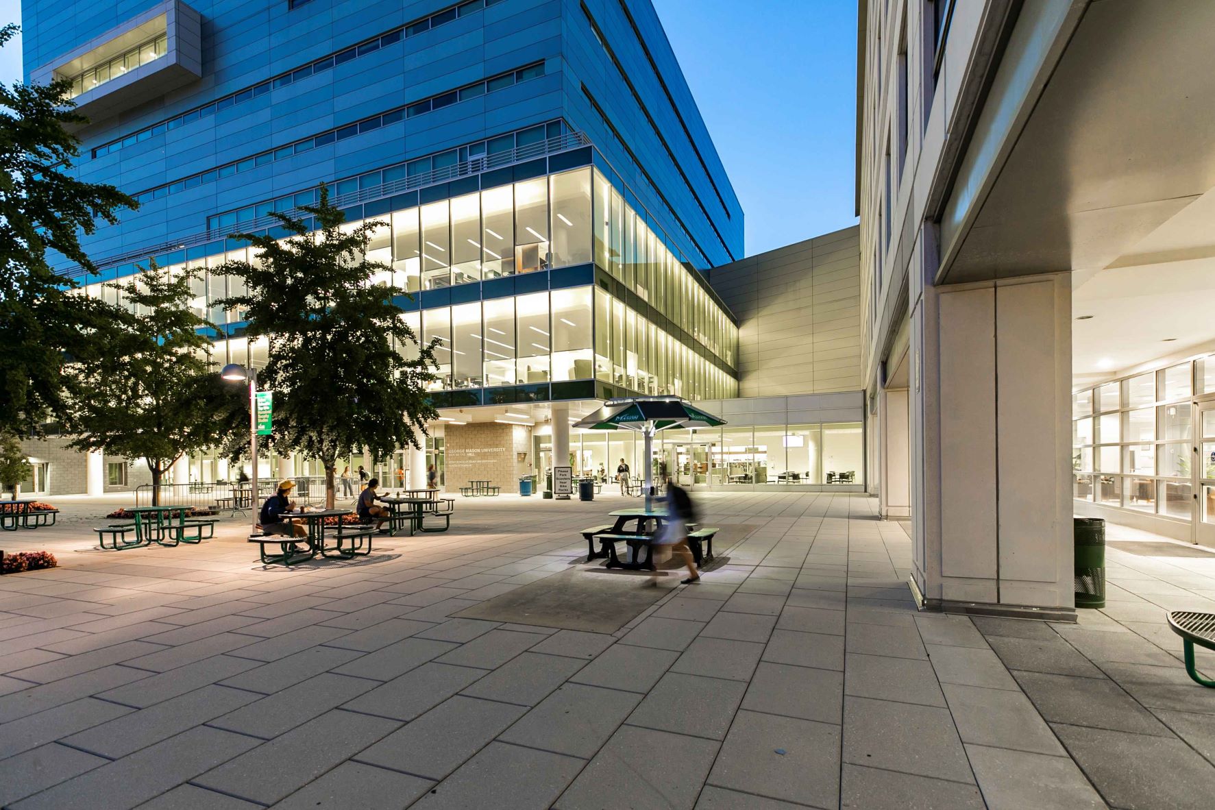 Founders Plaza at the Arlington Campus pictured at dusk