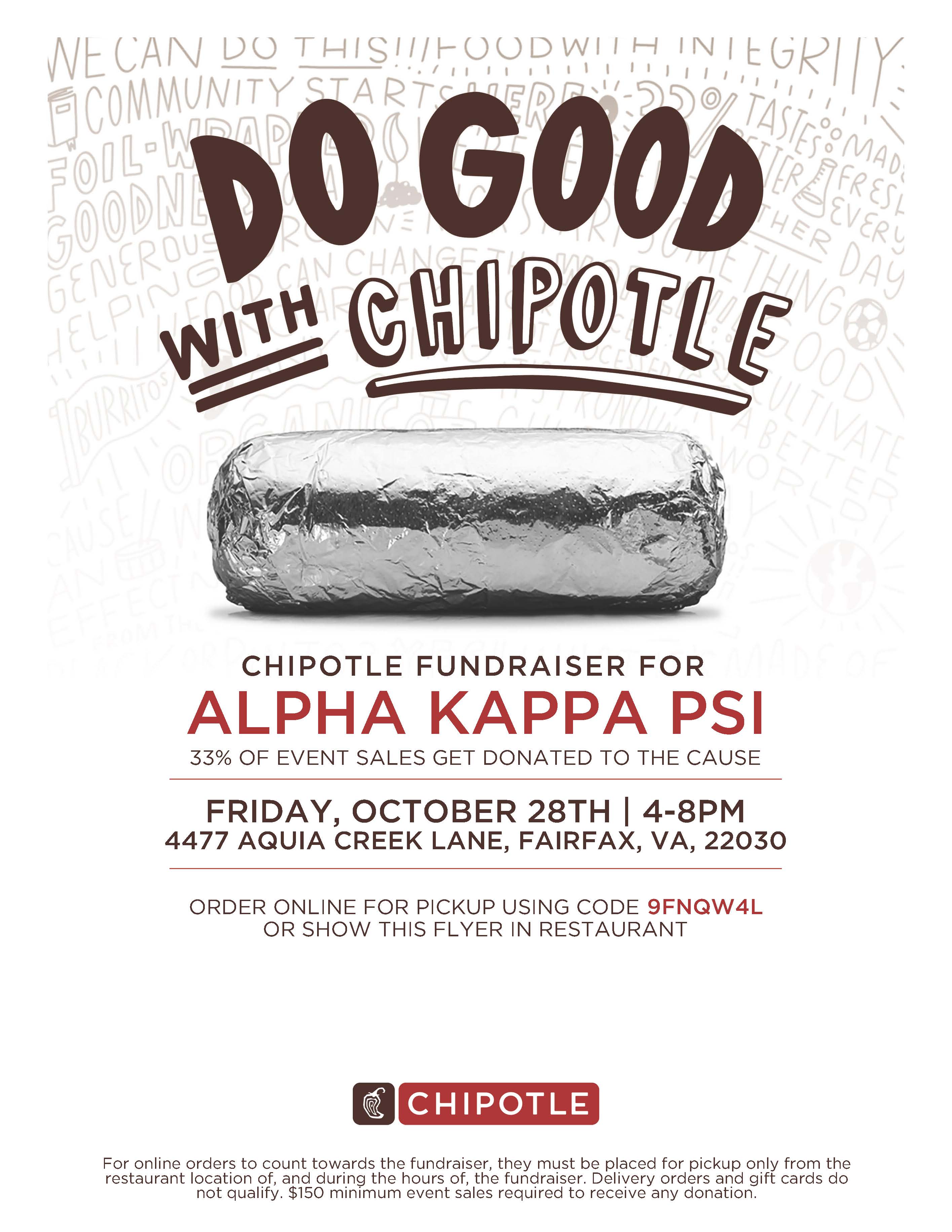Alpha Kappa Psi Chipotle Fundraiser, October 28, GMU Fairfax Campus location (Johnson Center)