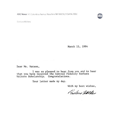Letter from Barbara Walters to Kami Watson-Huyse. Photo provided.