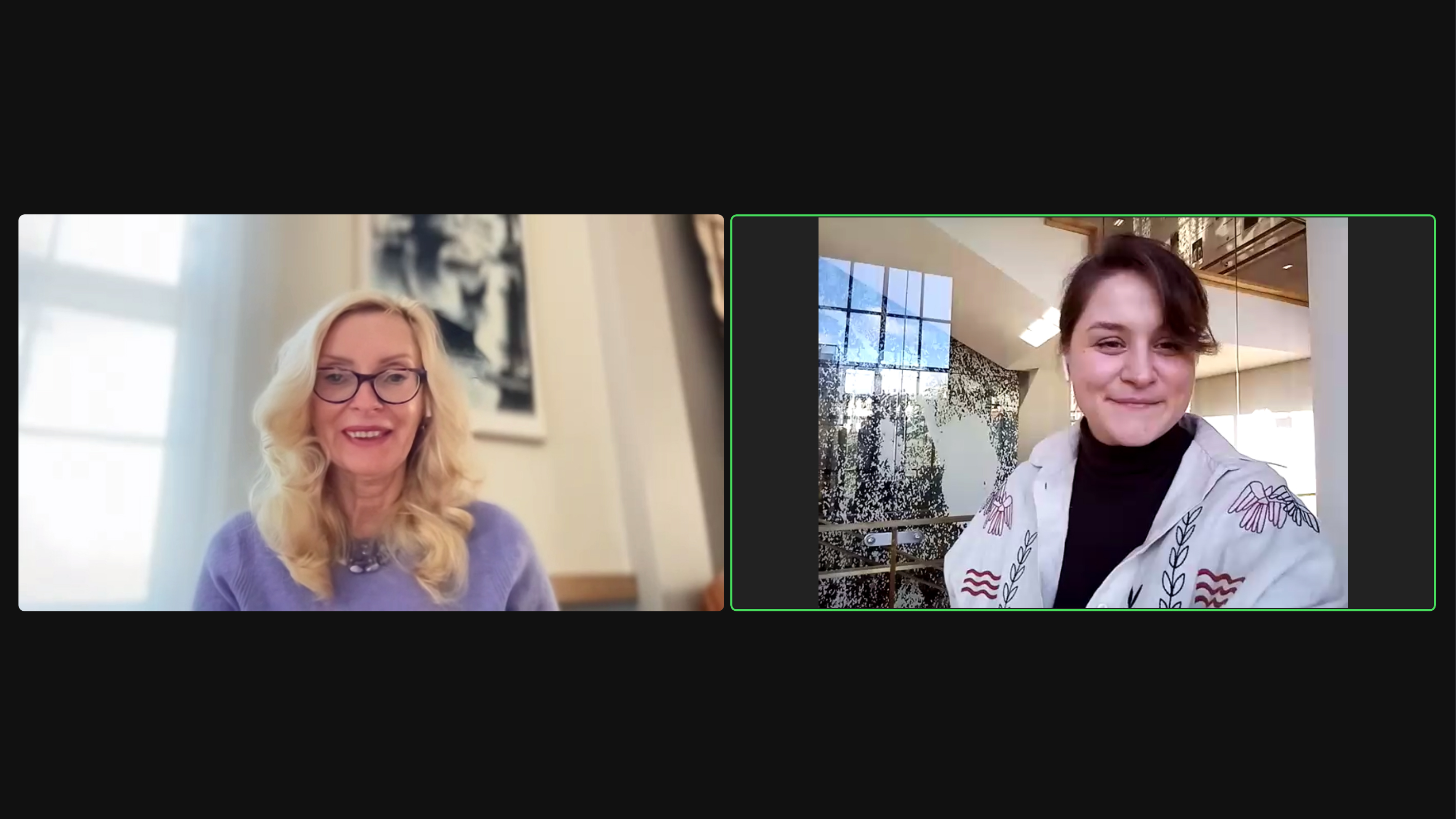Screenshot from a Zoom call. On the left is Karina Korostelina and on the right is Romantsova Oleksandra.