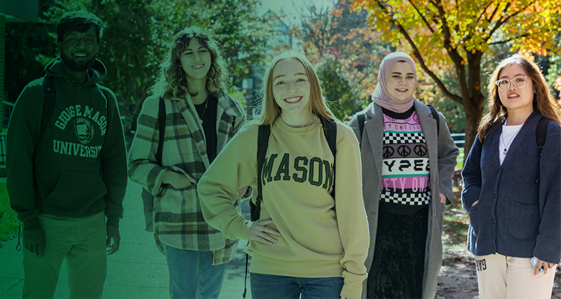 Group of five students standing outside posing for a picture