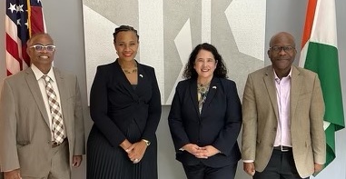 From left, Duminda Wijesekera, U.S. Ambassador to the Ivory Coast, Jessica Davis Ba, U.S. Small Business Administrator Isabel Casillas Guzman, and Cybastion CEO Thierry Wandji at the U.S. Embassy in Abidjan. Photo provided
