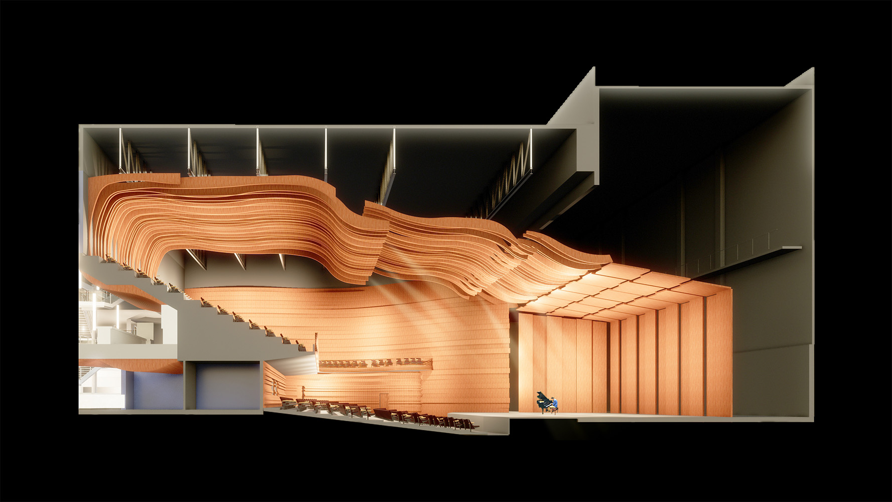 A cross section rendition of the new Concert Hall appearance. The walls are made of curved wood die-cuts that are shaped to better accoustics within the hall.