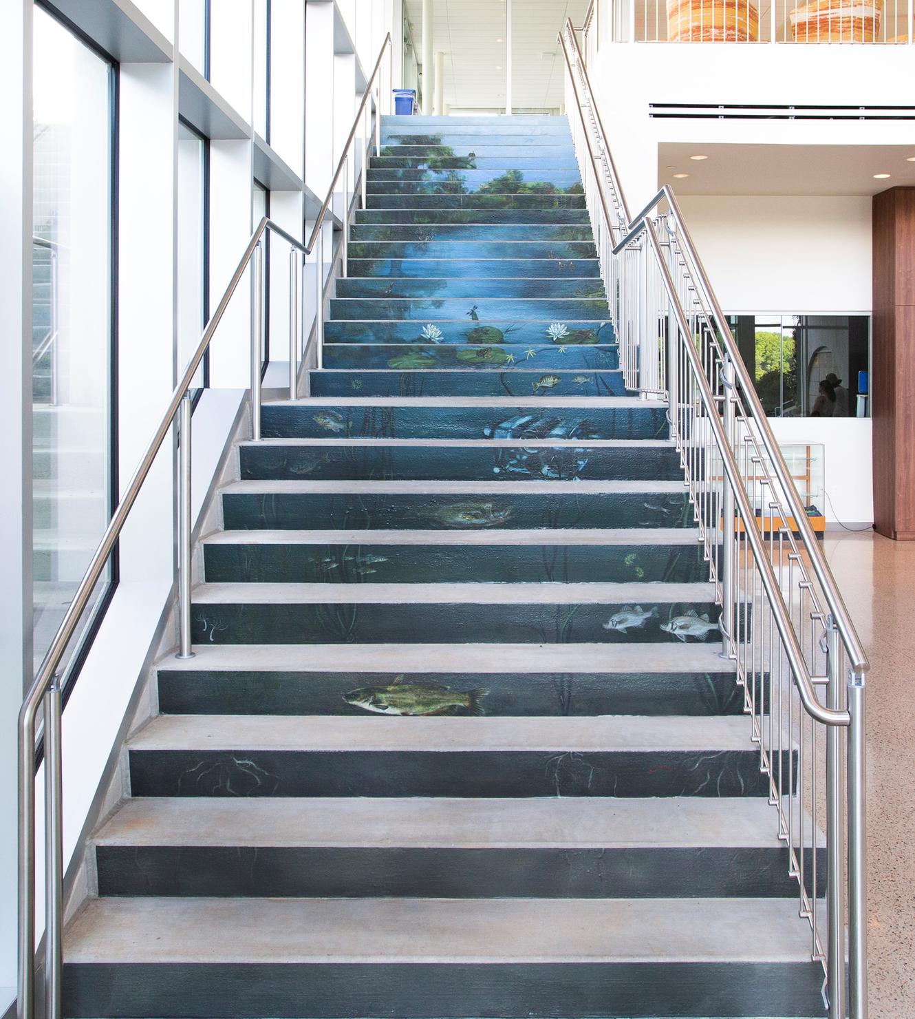 Photo of the Sediment to Sky staircase mural depicts wildlife and animals of the Potomac River watershed.
