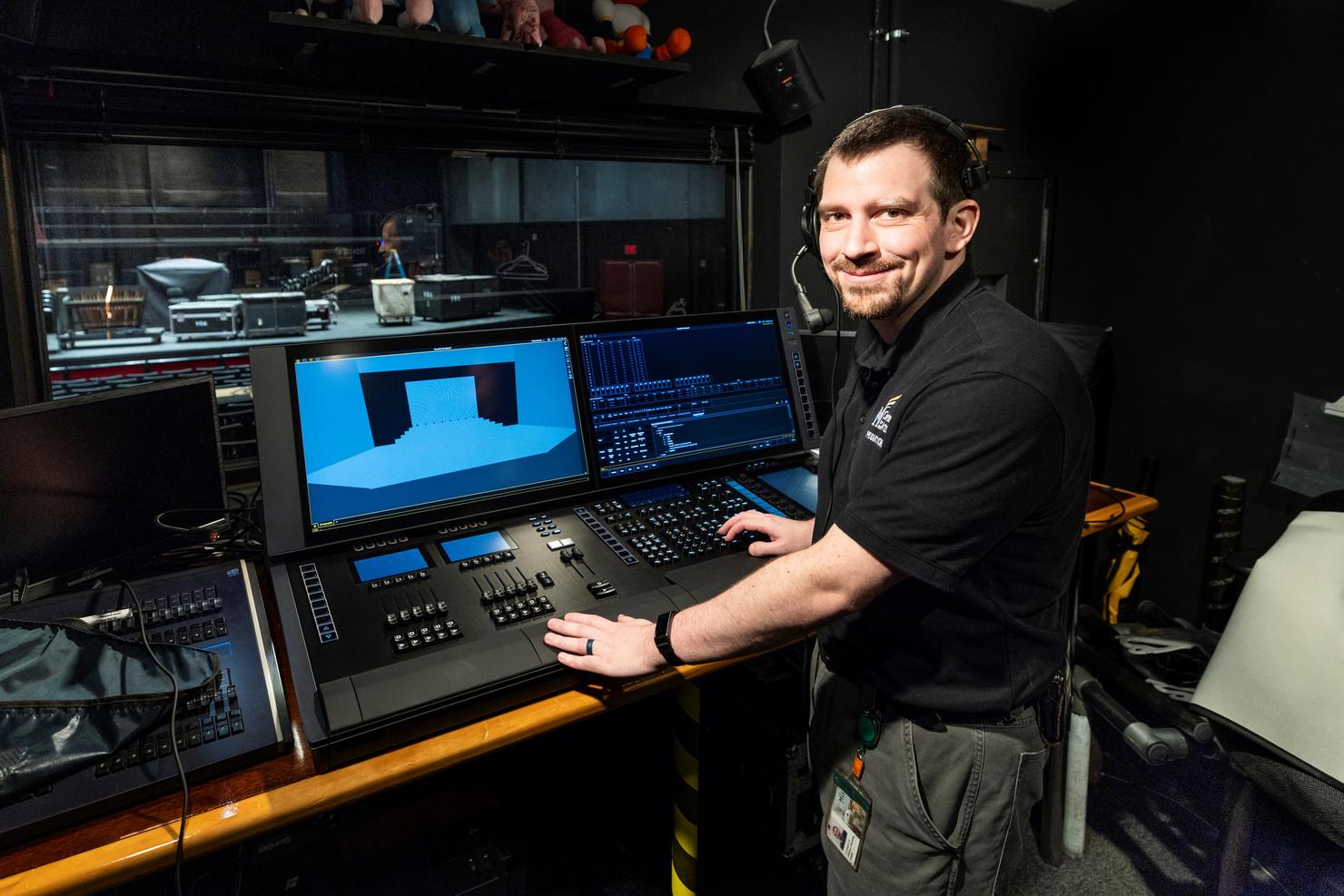 Will Gautney in the control room at the Center for the Arts