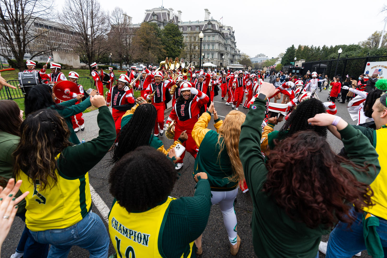 Members of the Green Machine Ensembles cheer for another student ensemble performing at the annual White House Easter Egg Roll on April 1, 2024. Photo by Joshua Cruse & Nathaniel Henry / Green Machine Ensembles