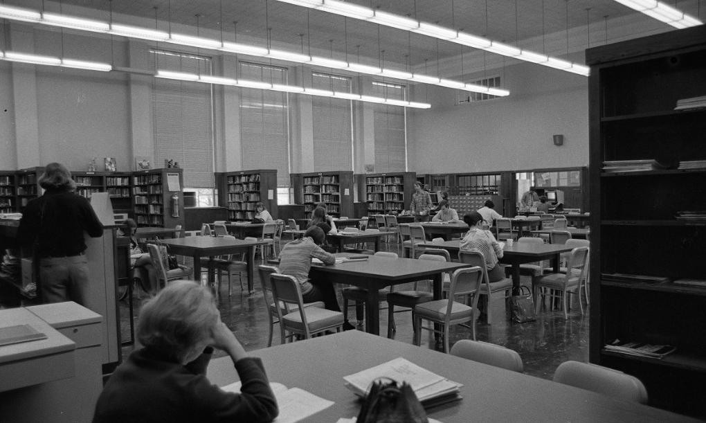 Vintage photo of a college library in the 1970s