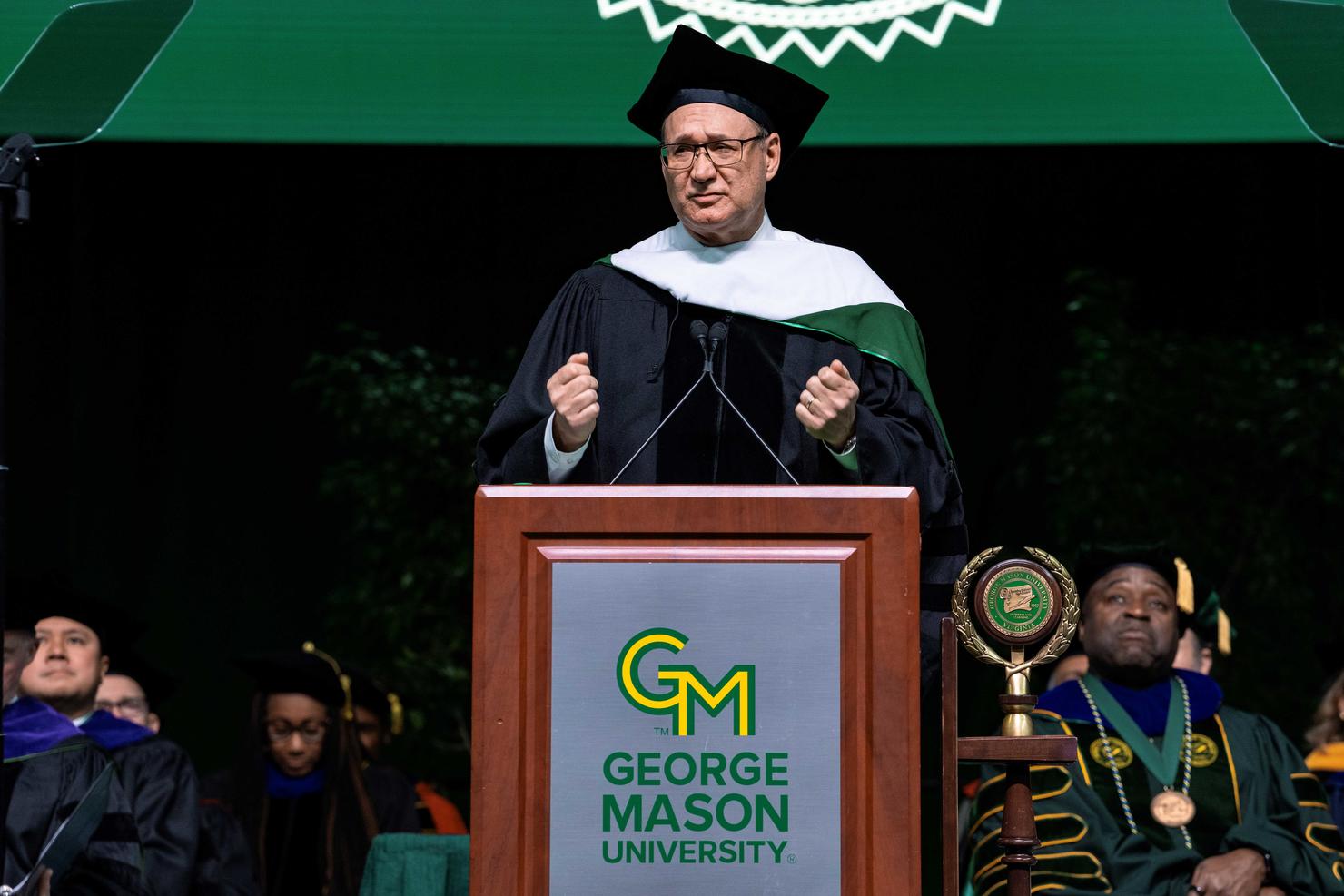 Commencement Speaker George D. Schindler delivers his remarks on stage at Commencement