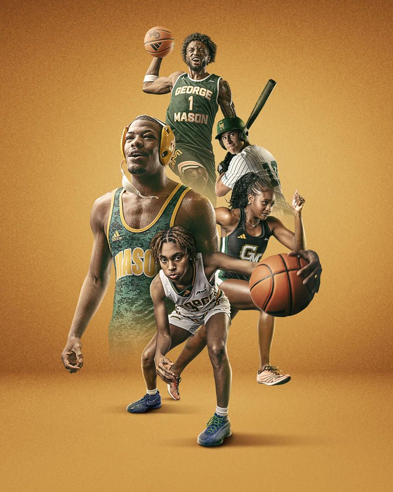 Stylized composite photo showing various athletes in George Mason uniforms. Athletes include two basketball players, a wrestler, a track and field sprinter, and a baseball player.