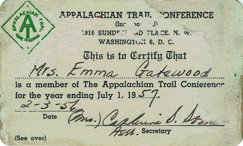  The ATC membership card of Emma “Grandma: Gatewood, first woman to hike the whole trail solo.