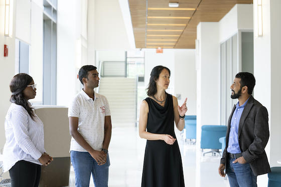 Tolulope Abidogun, Srinath Silla, Rebecca Leung, and Siddhartha Sikdar in Peterson Hall. Photo by Evan Cantrell/Office of University Branding.