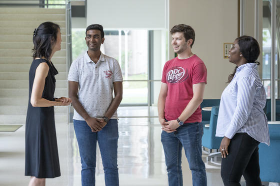 Rebecca Leung, Srinath Silla, Dylan Scarton, and Tolulope Abidogun in Peterson Hall. Photo by Evan Cantrell/Office of University Branding.