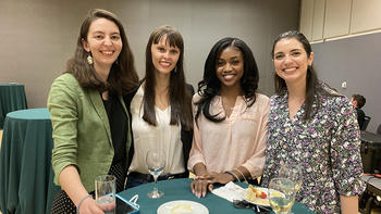 At left, a member of Prof. Aistars’ Arts and Entertainment clinic, stands with fellow second-year law students who also attended "Beyond the Notes," with Maria Schneider.