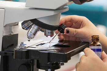 a hand is shown adding liquid to a slide under a microscope