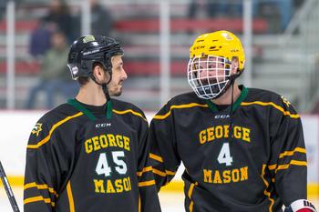 Two hockey players in full gear talk while standing on the ice.