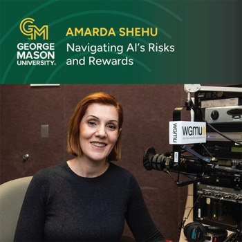 A green graphic with the podcast episode title, featuring Amarda Shehu in the podcast studio.